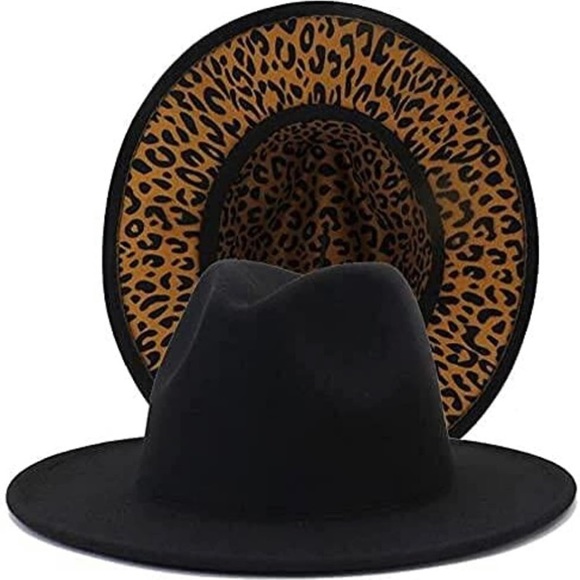 🐆 NWT Black & Leopard Wool Fedora Hat (Unisex) 🐆 - Picture 2 of 4